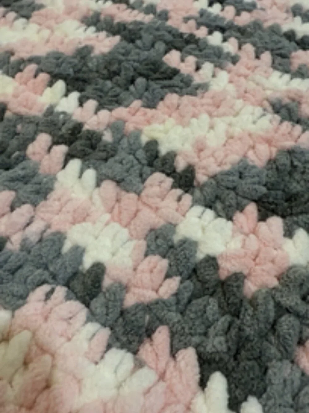 Handmade Crochet Bernat Baby Blanket Soft Heavy Plush Chenille Pink Grey White